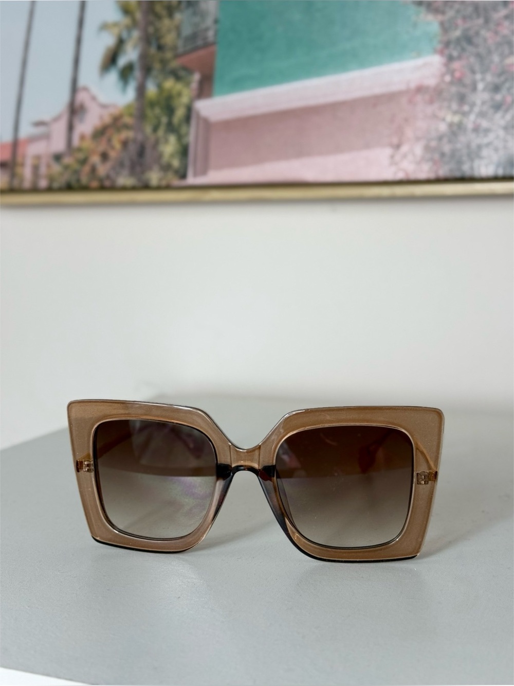 Feisedy Oversized Square Sunglasses Brown Gradient Lens Translucent Frame New